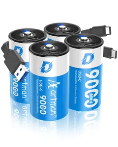 Artman Rechargeable Lithium D Batteries 4 Pack, 9000mWh Rechargeable Lithium-ion D Cell Battery with 2 in 1 USB-C Charging Cable, 1.5V Batteries D Size for Floodlight Toys, Water Heater, Gas Stove
