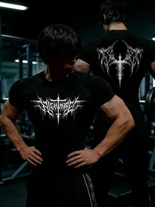 Men's Summer Tight-Fitting Short Sleeve Y2K Thorn Cross Print Breathable Quick-Dry Gym Shirt, Gym Workout Shirt, Ideal for Running Training Sports Top