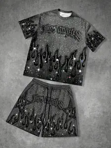 Y2K Dark Grunge Rhinestone Flame Print Matching Set Menswear, Black Vintage Washed Short Sleeve T-shirt and Elastic Waist Shorts, Loose Fit Streetwear Tracksuit, Summer Essential for Daily Outings, Street Style & LA Inspired Looks