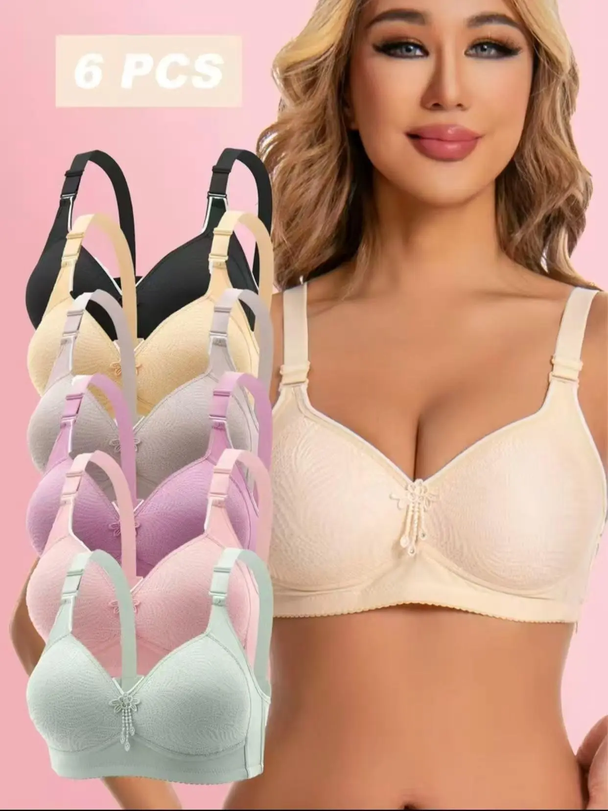 5/6-Pack Wireless Push-Up Bra, Seamless Comfort Fit with Tassel Detail, Women’s Everyday T-Shirt Lingerie, Minimalist Style, Basic