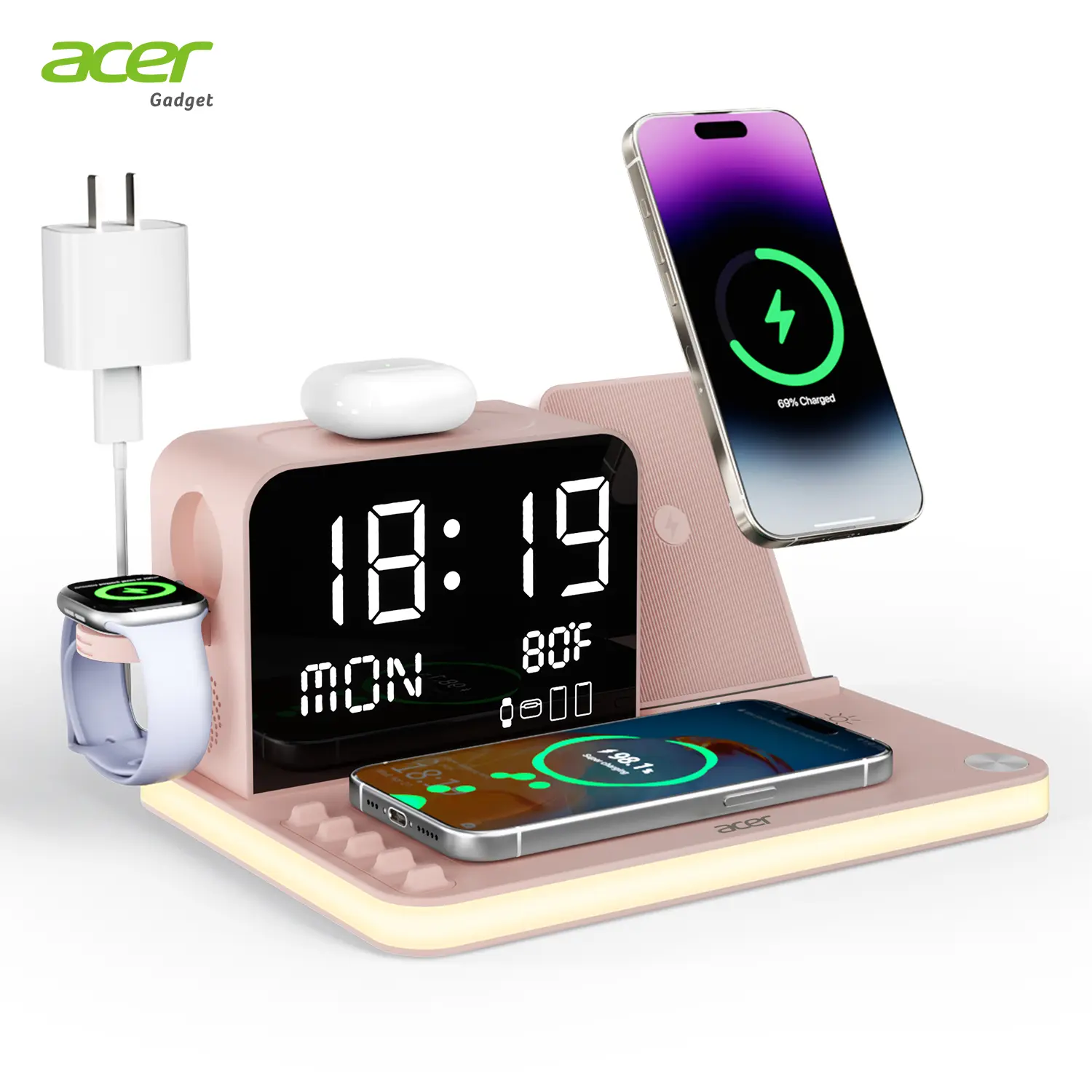Acer 7 in 1 Wireless Charging Station Charger with LED Night Light, Bluetooth Time Sync Clock & Temperature Display, USB-A & USB-C, Magnetic MagSafe – for iPhone, Android Phone, Apple Watch & AirPods, Gift