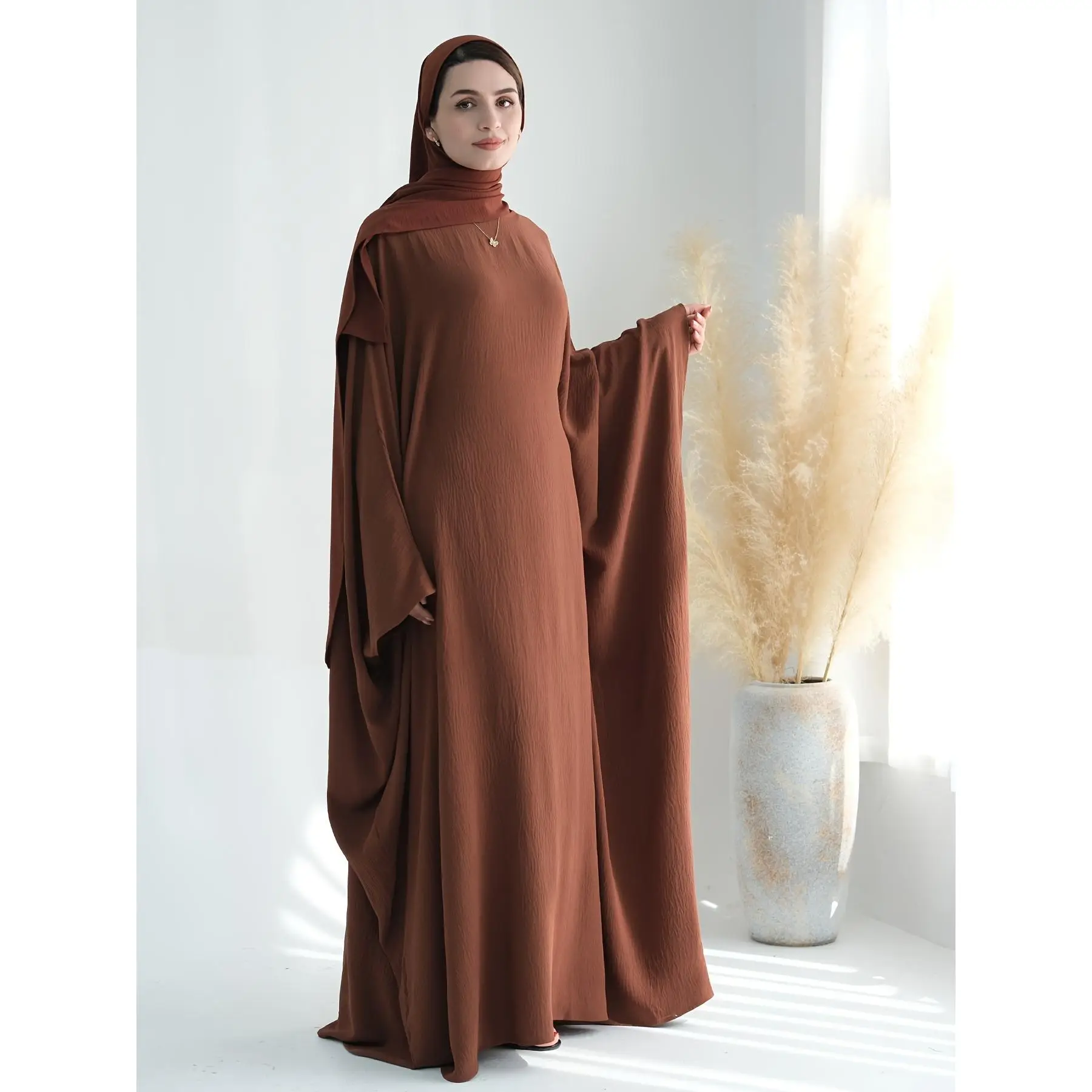 Muslim Ramadan Batwing Sleeve Dress, Fashionable Solid Color Loose Long Robe