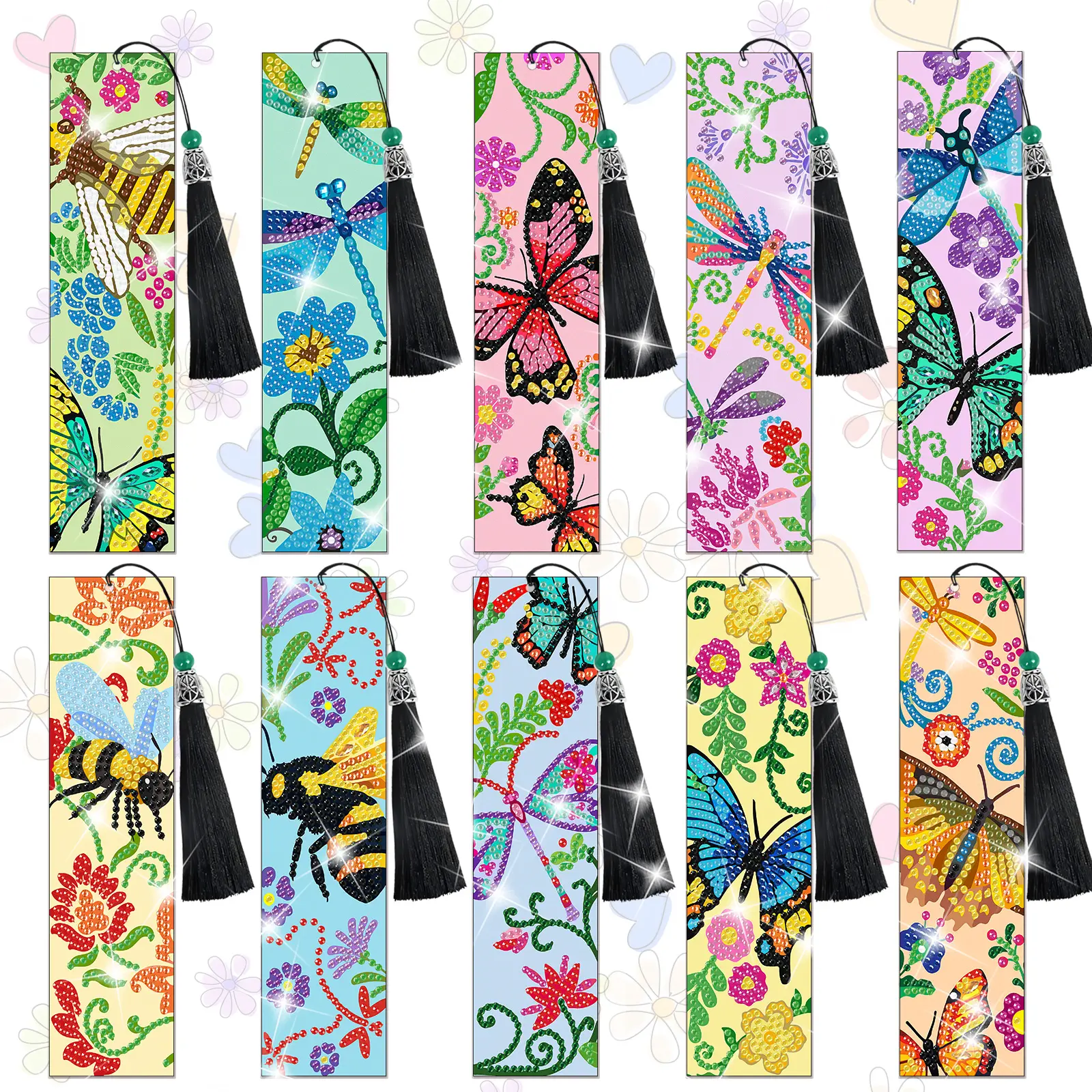 10-piece DIY Diamond Painting Bookmark Kit, Butterfly and Bee 5D Diamond Art Bookmark Kit, Handmade Creative Bookmark Making Kit, with Tool Kit and Bonus Ornament, Suitable for Adults, Book Accessories