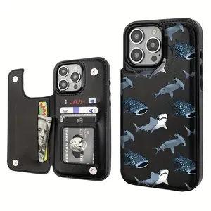 Creative Ocean Shark Pattern Leather Card Holder Phone Case, Suitable for iPhone 17 Air/16 Plus/15 Pro Max/14 Pro/13/12/11/XS Max/X Phone Case, Ideal Gift for Thanksgiving and Christmas for Family, Friends, Lovers, Boyfriend, Girlfriend