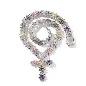 2125  Multicolor Flower Cuban Chain with Cross Pendant | Blinged-Out Starburst Floral Iced-Out Necklace for Hip Hop Streetwear Vibe outdoorfun