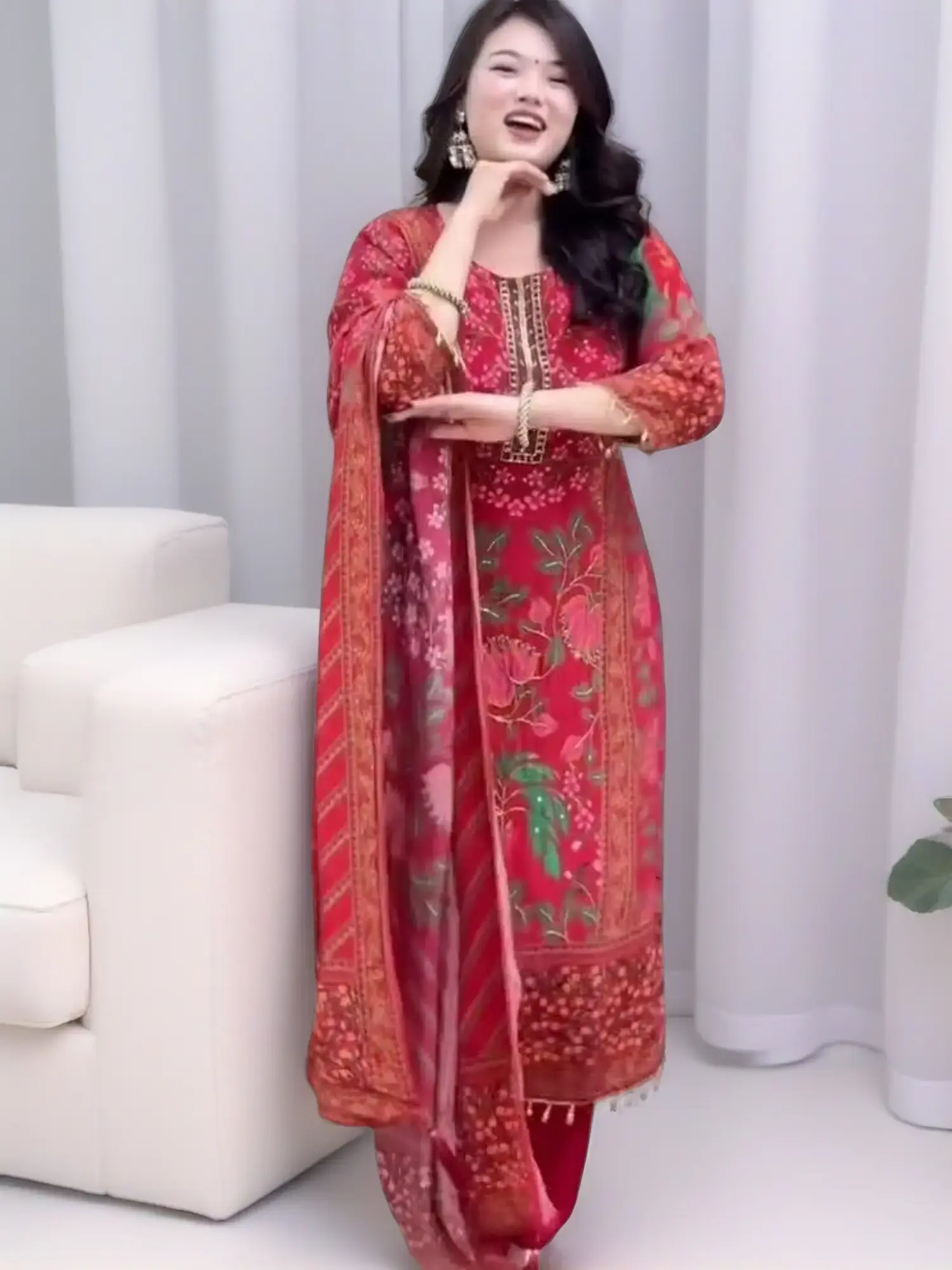 Women's 3-Piece Ethnic Suit Set - Regular-Fit Flared Muslin Kurti with Handwork, Breathable Cotton-Lined Pant, Dupatta Outfits, All-Seasons Fabric Blend