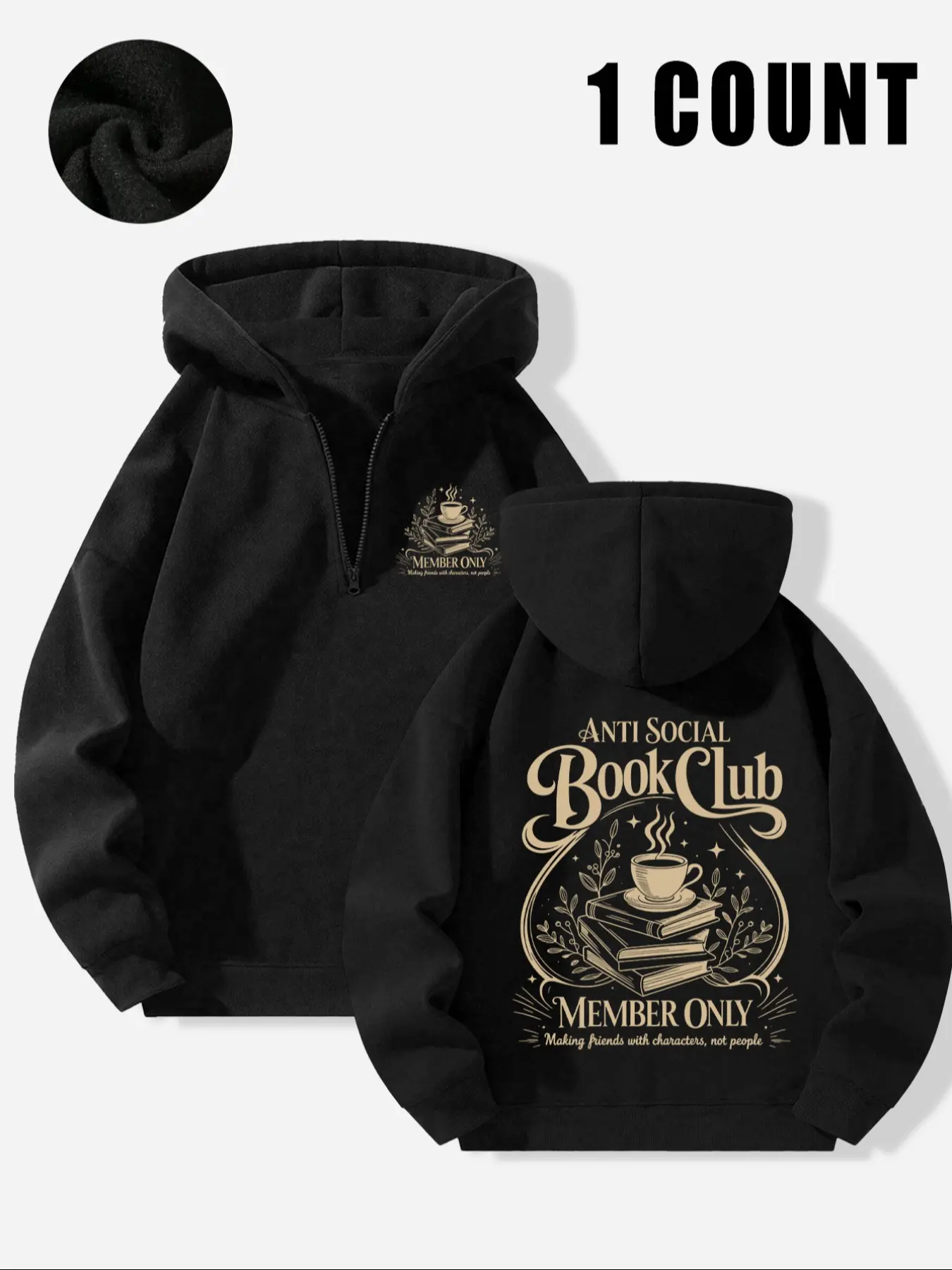 "Bookish Anti Social" Hoodie, Gothic Graphic Hoodie, Black Half-Zip Hoodie with Literary Art, Ideal for Bookish Trendsetters & Edgy Admirers, Perfect for Literary-Inspired Looks & Daily Wear, Fusion of Bookish Vibe & Edgy Design