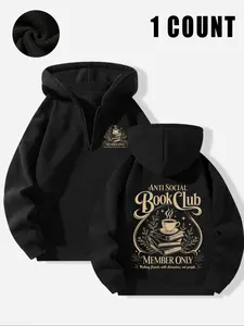 "Bookish Anti Social" Hoodie, Black Half-Zip Graphic Hoodie with Literary Art, Ideal for Bookish Trendsetters, Edgy Admirers, Women, Perfect for Literary-Inspired Looks & Daily Wear, Fusion of Bookish Vibe & Edgy Design, Sweatshirts