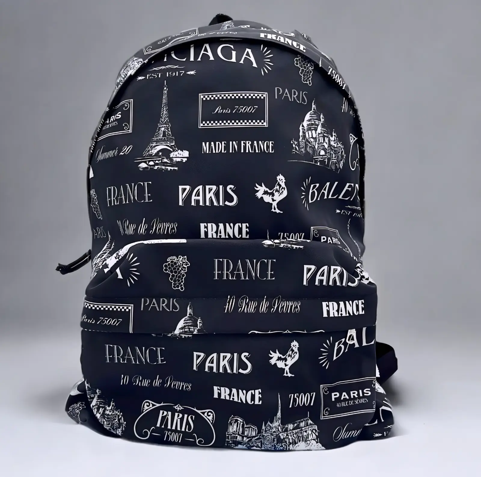 Pre-owned Balenciaga As Seen On Screen As Seen On Screen M271 Paris Print Nylon Backpack Black White $999