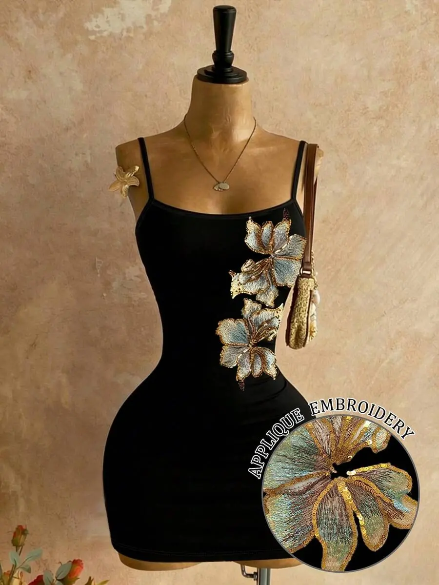Lunara x Vintage Elegant Black And Gold Dress,70's Heavy Patchwork Embroidery Sequin Short Strap Dress,Summer Party Night Out Club Fashionable Dress For Mom