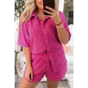 Peach Blossom Plus Size Checkered Terry Knit Short 2pcs Outfit