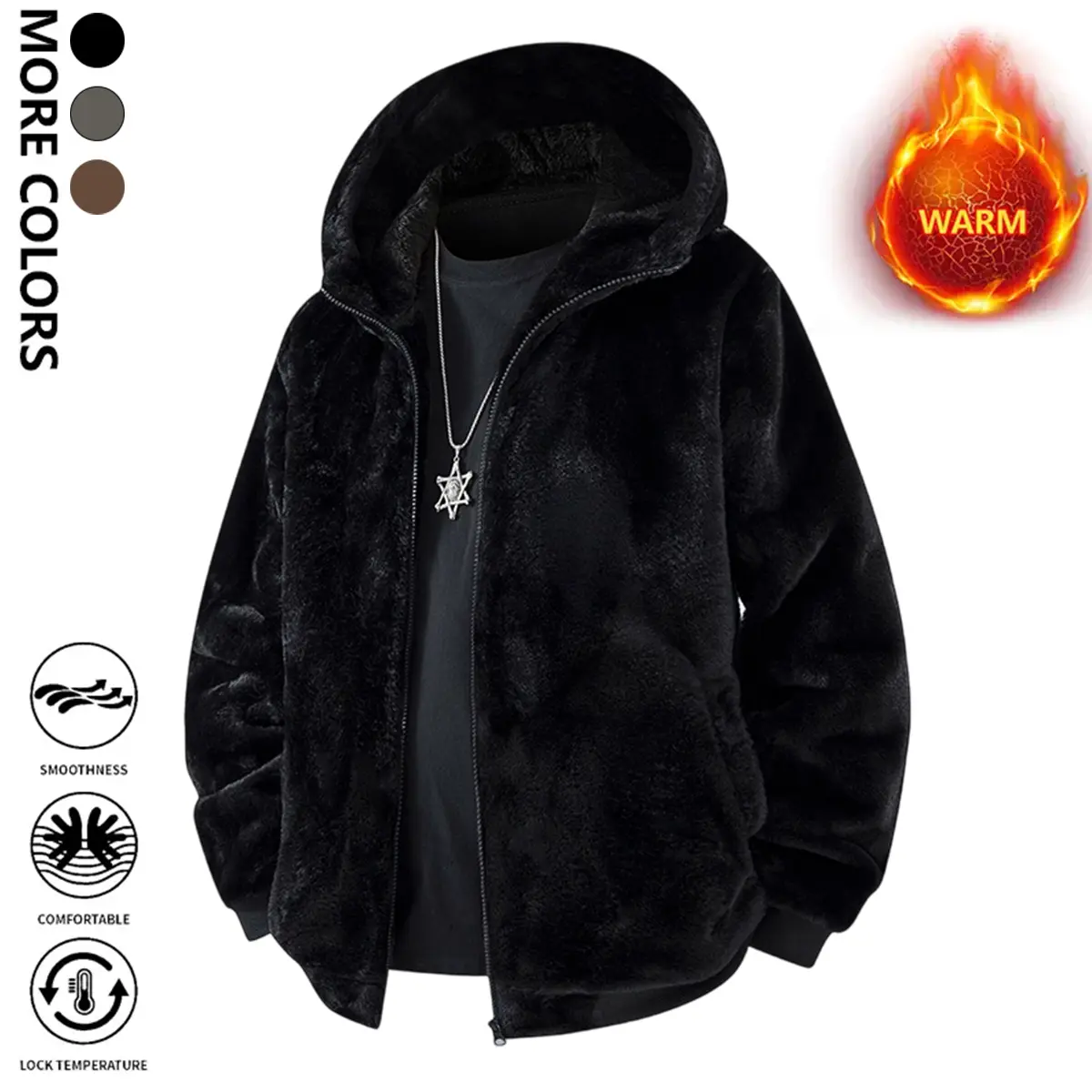 Autumn-Winter Men's Full-Zip Hooded Polyester Jacket, Thickened Lined Stripe Print Coat with Warmth Boost, Durable Machine-Washable Solid Color Top for Daily Casual & Business Wear, Polyester Clothes