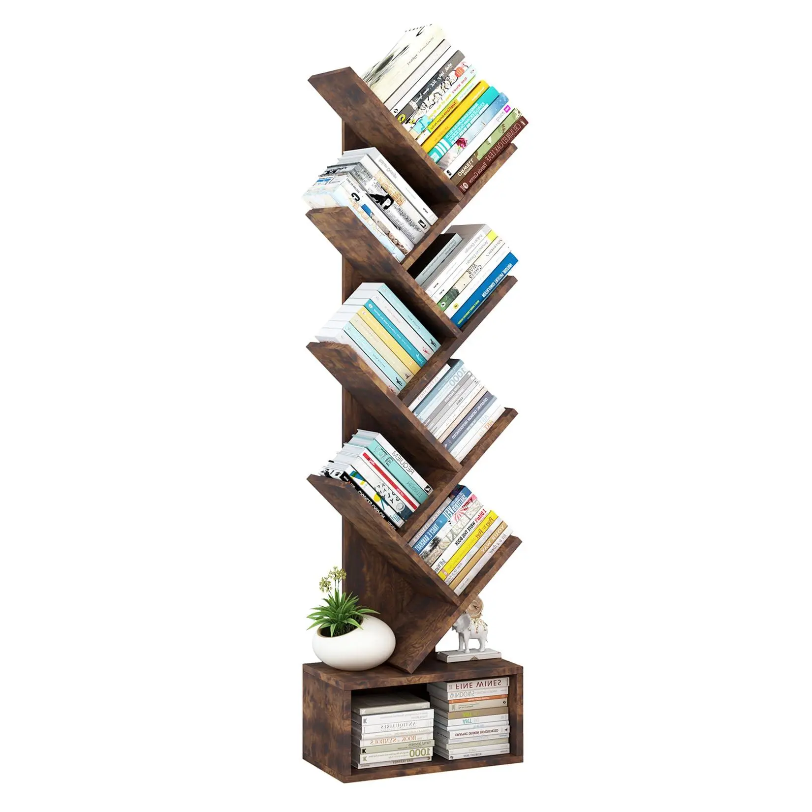 Brown Wooden 8-Tier Storage Organizer Bookshelf, Floor-Standing Bookcase with Storage for Kids, Utility Shelves for Living Room, Home Office Furniture