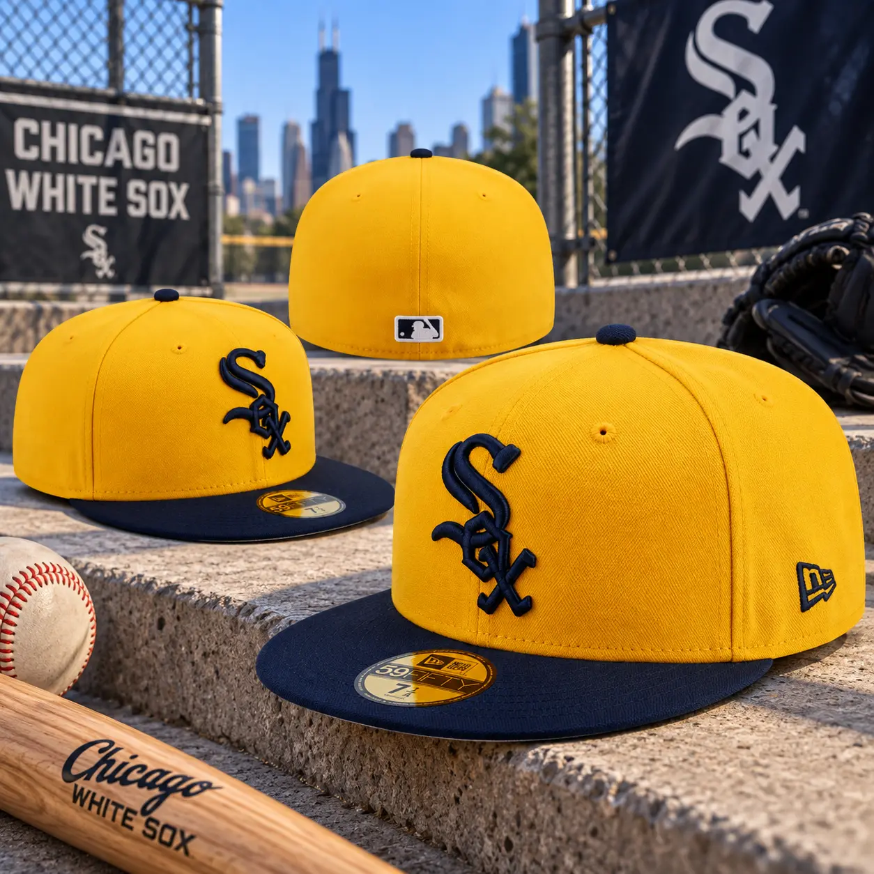 Chicago Gold Two-Tone Fitted Baseball Hat – Flat Brim Embroidered Cap