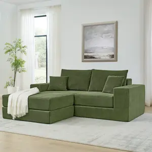 Modular Cloud Sofa Sectional Couch, Modern Upholstered L-Shaped Sofa with Removable Ottoman, Deep Seat Sleeper Couch with Throw Pillows for Living Room, Apartment, Small Space, Green