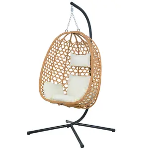 Father'sday Gift EortheX Hanging Egg Chair with Stand & Cushions - All-Weather Rattan Swing Chair for Patio, Balcony, Garden (Modern Boho Design, Ready-to-Use Indoor Outdoor)-Natural Wood