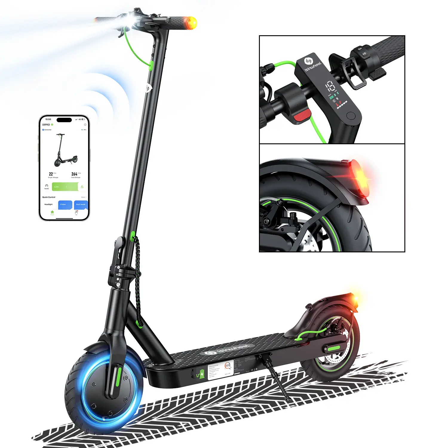 isinwheel S9/S9Pro Compact Adult Electric Commuting Scooter, 350W Motor, Up to 19 MPH Speed, 13-19 Mi Range, 8.5" Tires, Ultralight Foldable, 220 lbs Load Capacity, EABS, Smart App Control, Aluminum, 27.1 Pounds
