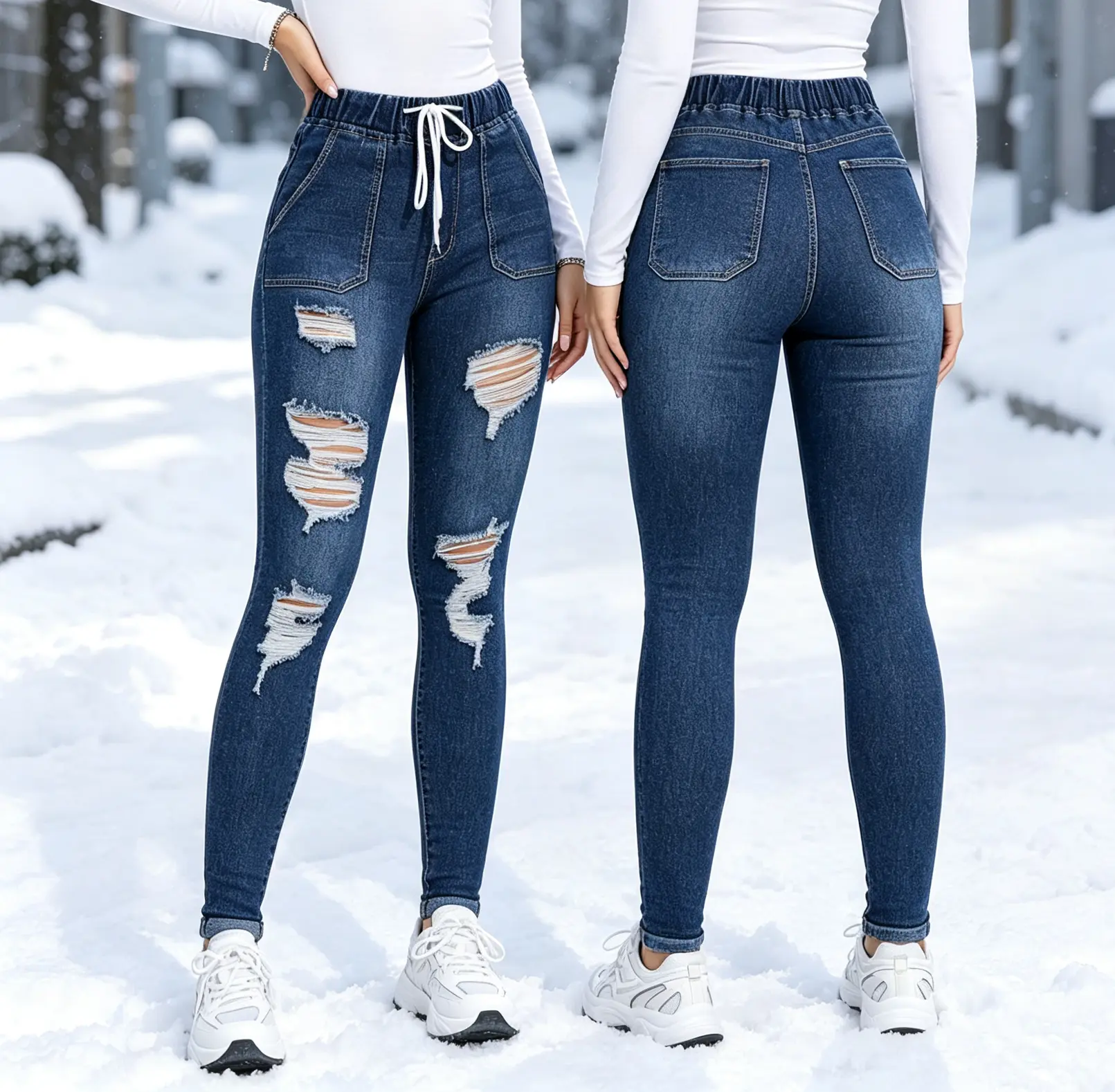Women's High-Waisted Classic Denim Leggings - Stretchy, Ripped, Distressed Skinny Ankle Jeggings with Pocket, Breathable Slim-Fit Fabric