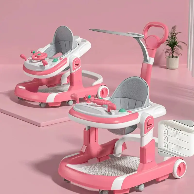 2-in-1 Anti-Fall Portable Baby Walker, Battery-Free Multifunctional Baby Furniture with Learning Toy and Seat