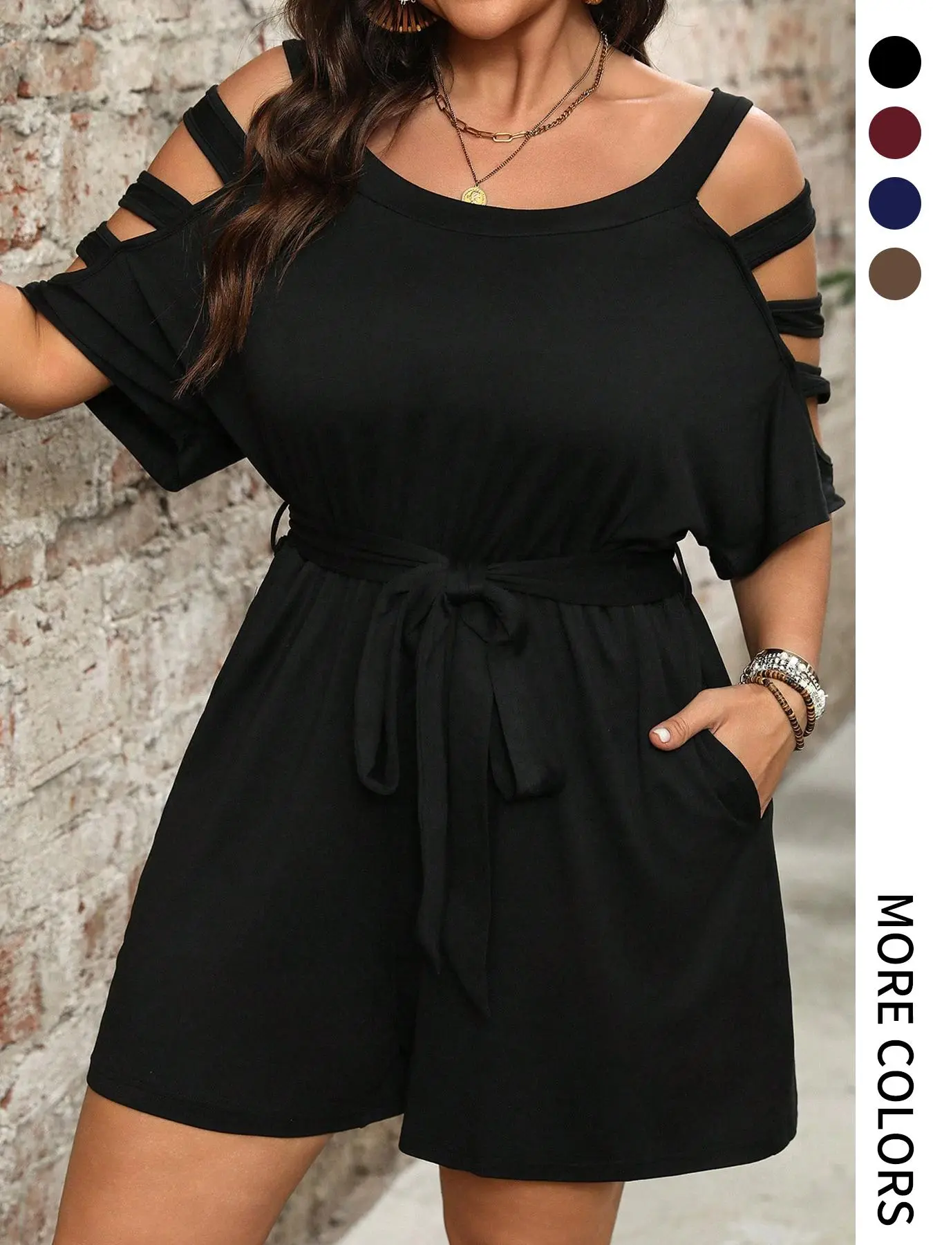 [Plus Size] Solid Basic Minimalist Batwing Cold Shoulder Round Neck Belted Beach Romper, Casual Pocket Lightweight Playsuit for Summer, Women's Clothes for Daily Wear