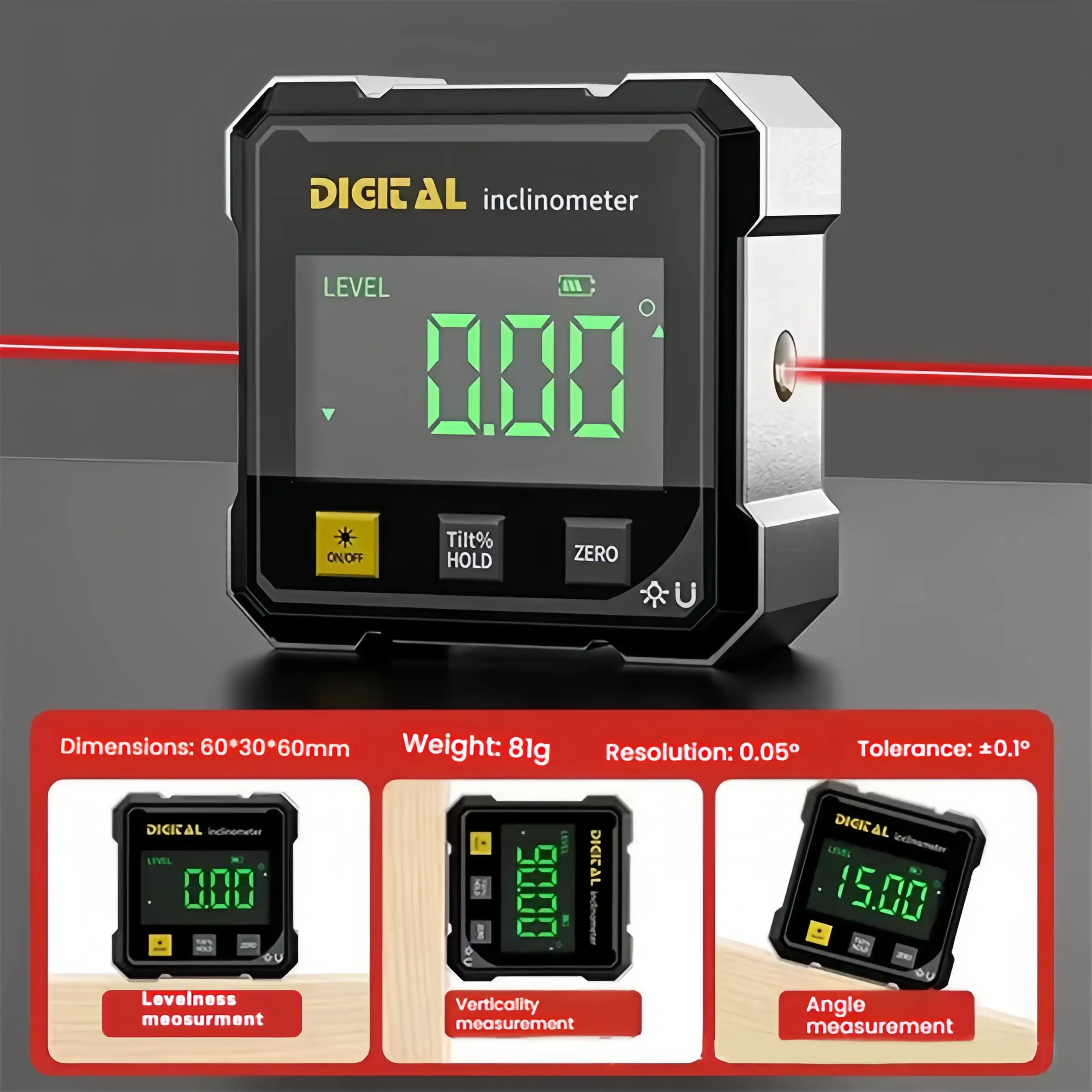 Rechargeable Magnetic Digital Angle Finder with Dual Laser Guides, 360° Base, Full-Side Magnetic Stability, Aluminum Alloy Compact Build, Precision Layout Work & Angle Comparison Tool for Woodworking, Construction Projects