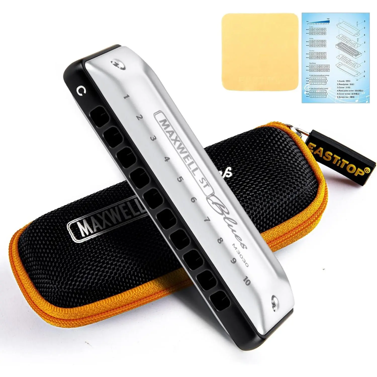 MAXWELL ST Blues Harmonica C, Professional Overblow and Bending 10 Holes MS030 Mouth Organ For  Levels Adults, Professional Players and Students