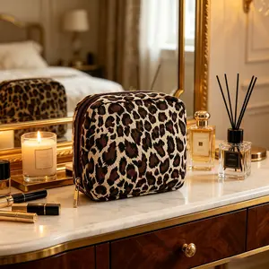 Minimalist Leopard Print Corduroy Multi-Functional Storage Bag, Sanitary Pad Organizer, Small Square Cosmetic Wash Kit, Cosmetic Pouch, Makeup Pouch, Single Item
