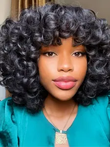 100% Human Hair Elastic Curly Wig, Brazilian Bob Style, Loose Waves, Bangs, 200% Density, Natural Color, Rose Hat, Perfect for Women, Brazilian Curly Wigs