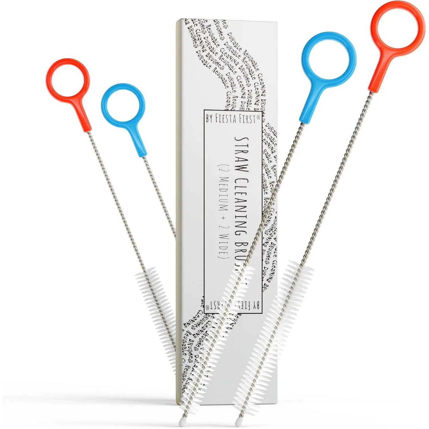 4-Piece Multi-Use Cleaning Brushes Set with Ergonomic Handles - Heavy Duty, Extended Durability, Extra-Long Double Rod Straw Cleaners for Stainless Steel/Plastic Reusable Straws, Valve, Sippy Cups, Water Bottles - Sturdy Hard Bristles