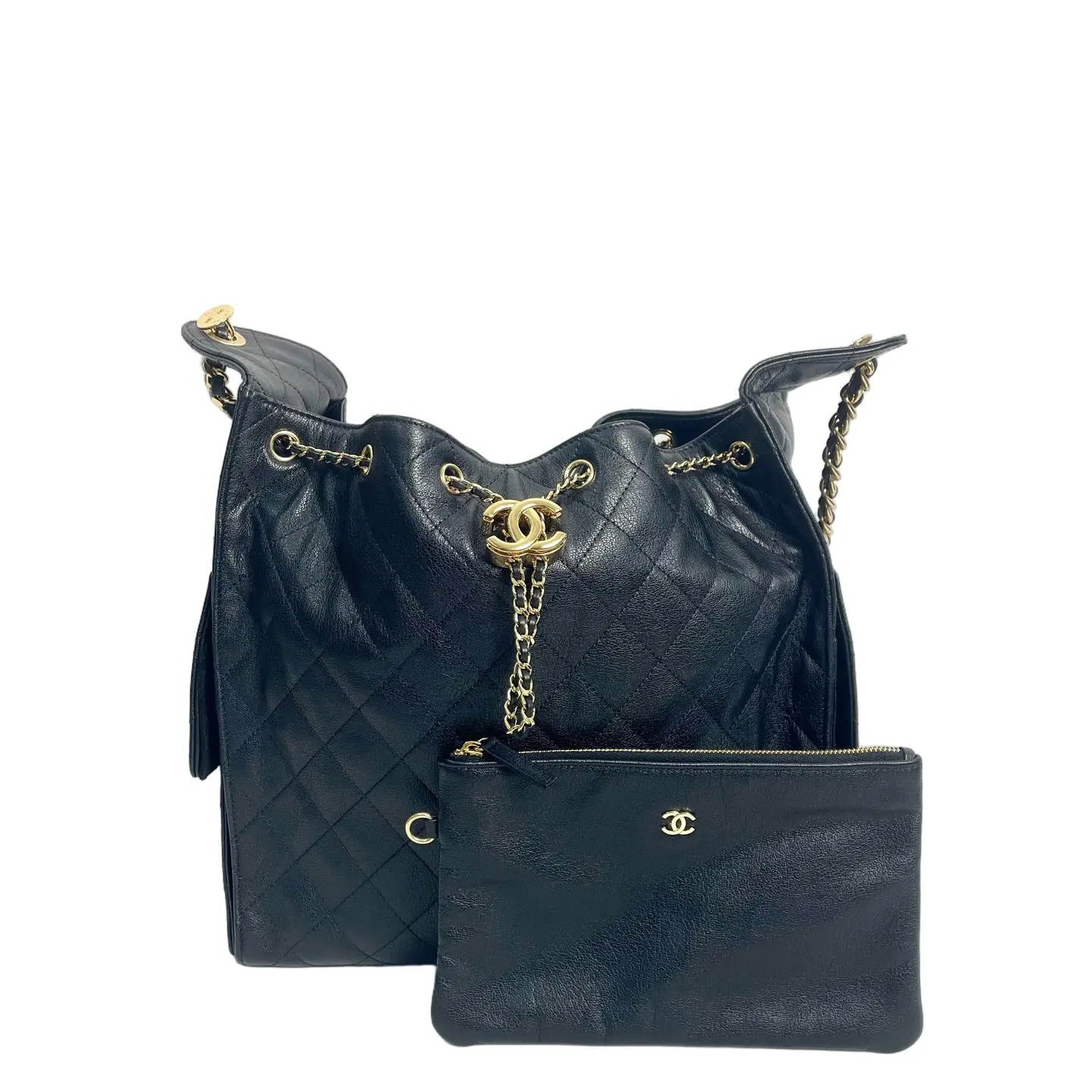 Pre-owned leather Drawstring Bag Chanel Quilted Lambskin with Matching Pouch Black