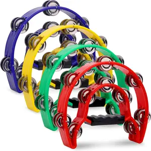 4 Pack 10 Double Row Tambourine, Half Moon Musical Tambourine 20 Metal Jingles Hand Held Percussion Drum, Panderos Para Adultos, Plastic Tambourines for Adults, Church, KTV, Party, Multicolored