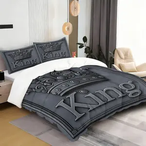 "King" Crown Print Duvet Cover Set, 2/3 Piece Soft Microfiber Comforter Cover with Pillowcases, Regal Bedding Set for Bedroom Decor, Perfect Gift for Him to Feel Like Royalty, No Filling