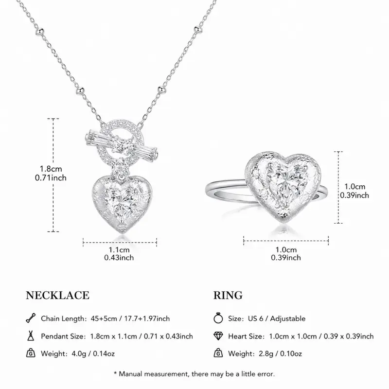 Sweetheart Crystal Jewelry Set - Sparkling Cubic Zirconia Heart-Shaped Necklace & Adjustable Ring - Silver Plated Finish - Perfect for Daily Wear & Gift Giving