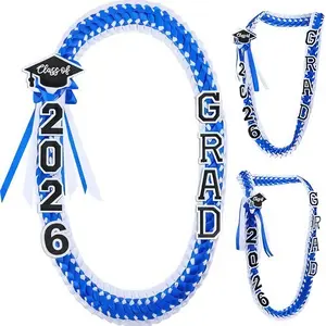 2026 Graduation Leis for Him Her - Hand-Woven Blue Braided Ribbon Lei with GRAD Letters & Cap Charm, Adjustable Graduation Money Lei with Safety Pins for Class of 2026 Graduation Ceremony Party Favors