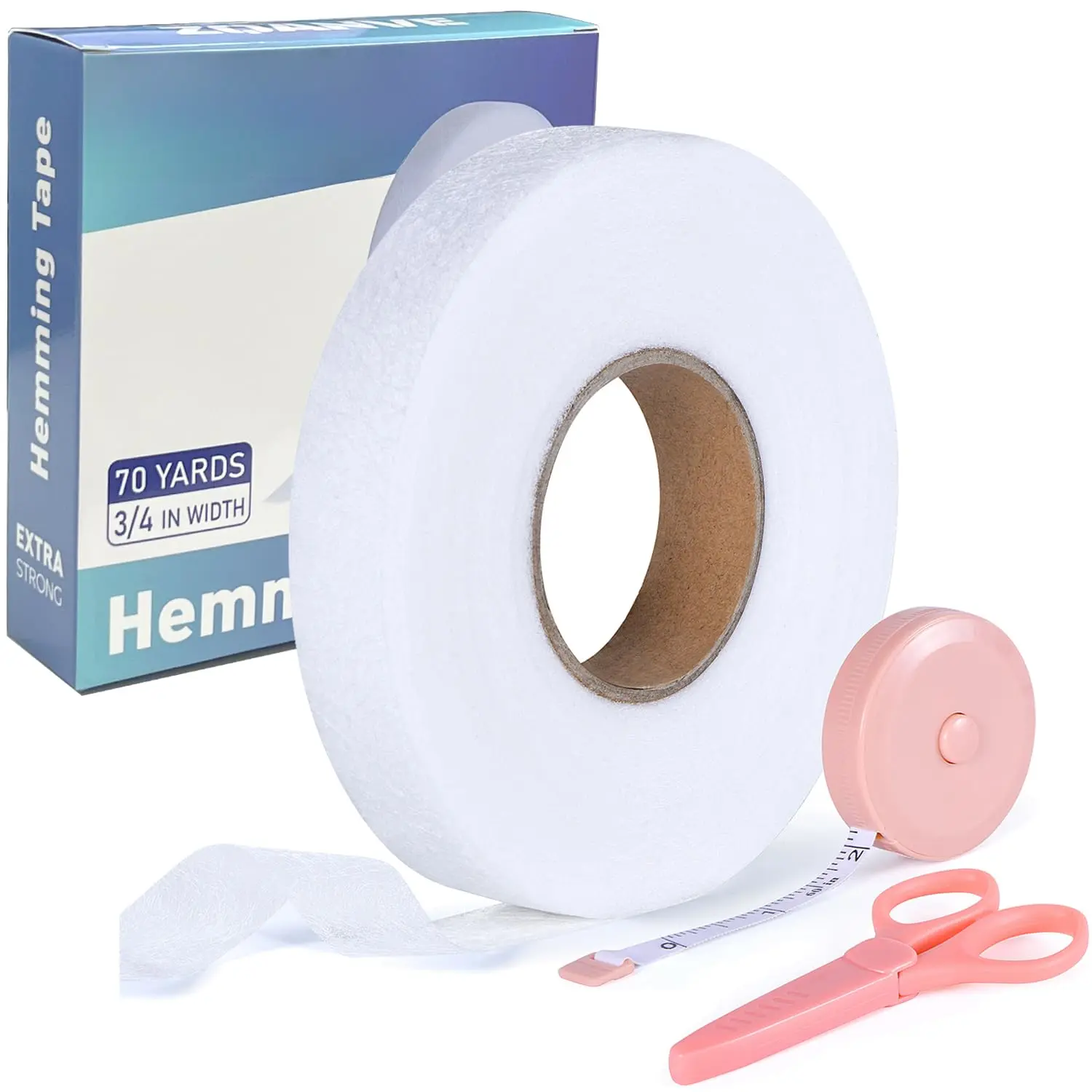 Hem Tape - 3/4 INCH x 70 Yards - No Sew Iron-On Hemming FabricTape Adhesive with &Tape Measure - for Clothes Pants Dresses Curtains (White)