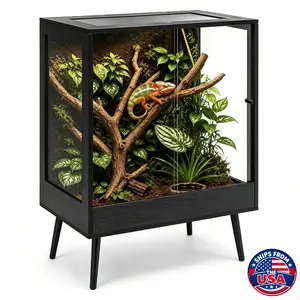 PROLEE 90 Gallon 32" x 18" x 36" Tall Reptile Terrarium with Leg Stand, Vertical Glass Chameleon Cage with Front Opening Doors, Ventilated Mesh Top, Rainforest Habitat for Arboreal Reptiles Sliding Doors