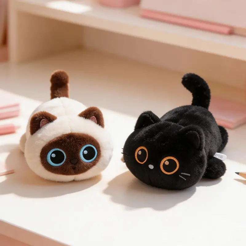 Soft Fufu plush cat—big eyes, curled posture; soothing aesthetic; desk stress-relief companion figurine/decoration