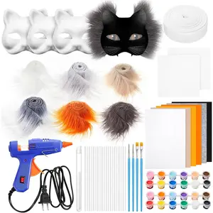 33 Pcs Therian DIY Mask Kit for Beginners Including Blank Cat Mask Faux Fur Fabric Felt Fabric Plastic Mesh Sheet(Warm Colors)