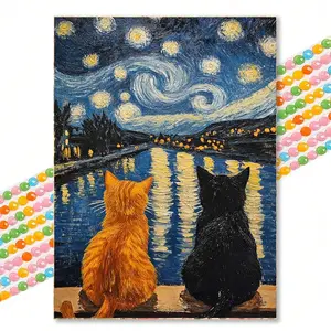 5D Full Drill Van Gogh Starry Night Cat Diamond Painting, Vintage Oil Painting Style, Twin Cats DIY Round Drills 30x40cm