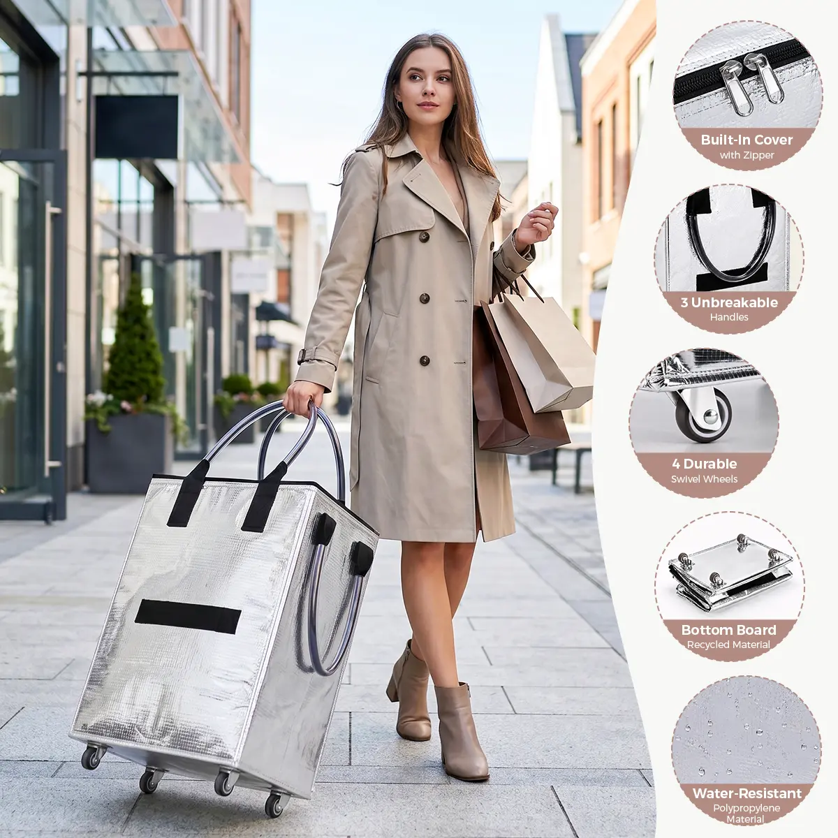 VIPfree Reusable Wheeled Grocery Bag, Shopping Trolley Bag, Rolling Tote Bag with Zipper Closure, Lightweight, Heavy-Duty Handles, Foldable Flat Design, Supports Up to 30kg Load, Ideal for Shopping, Camping, Storage & Moving(Medium, silver)