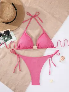 Women's New Sexy Shell Plain Bikini Set, Fine Sparkle Halter Tie Triangle Swimsuit, Beach Bikinis, Perfect for Beach and Poolside