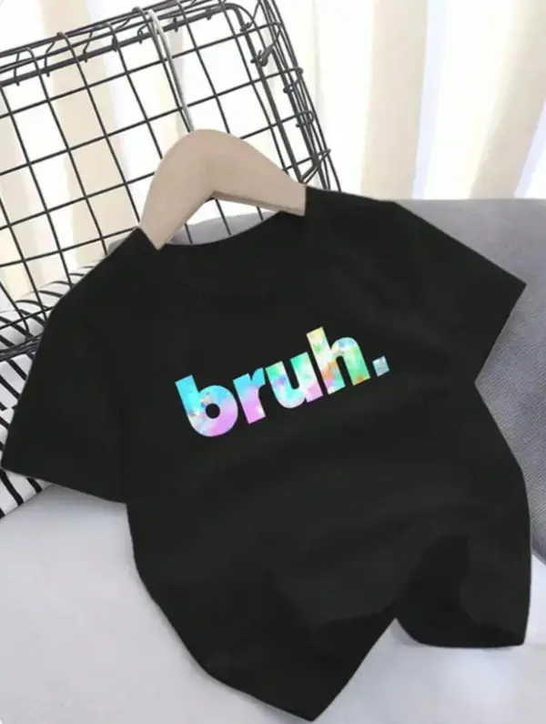 Women's Oversized Black 100% Cotton Short-Sleeve Round Neck Soft Casual T-Shirt, Holographic Bruh Letter Graphic, for Campus Daily & Night Market Strolls, Unisex Tops, Shortsleeve, Graphic Shirts