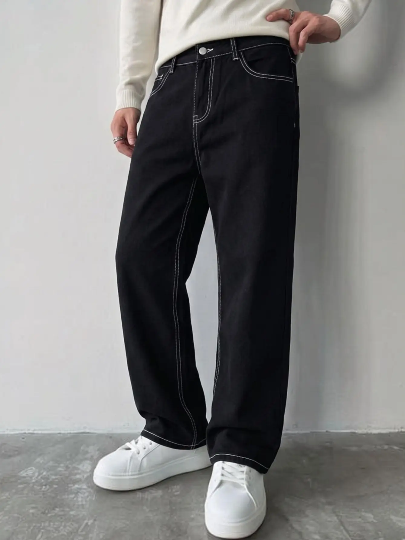 Men's Cotton Blend Black Contrast White Stitch Wide Leg Jeans, Loose Baggy Casual Hip Hop Streetwear Denim Pants