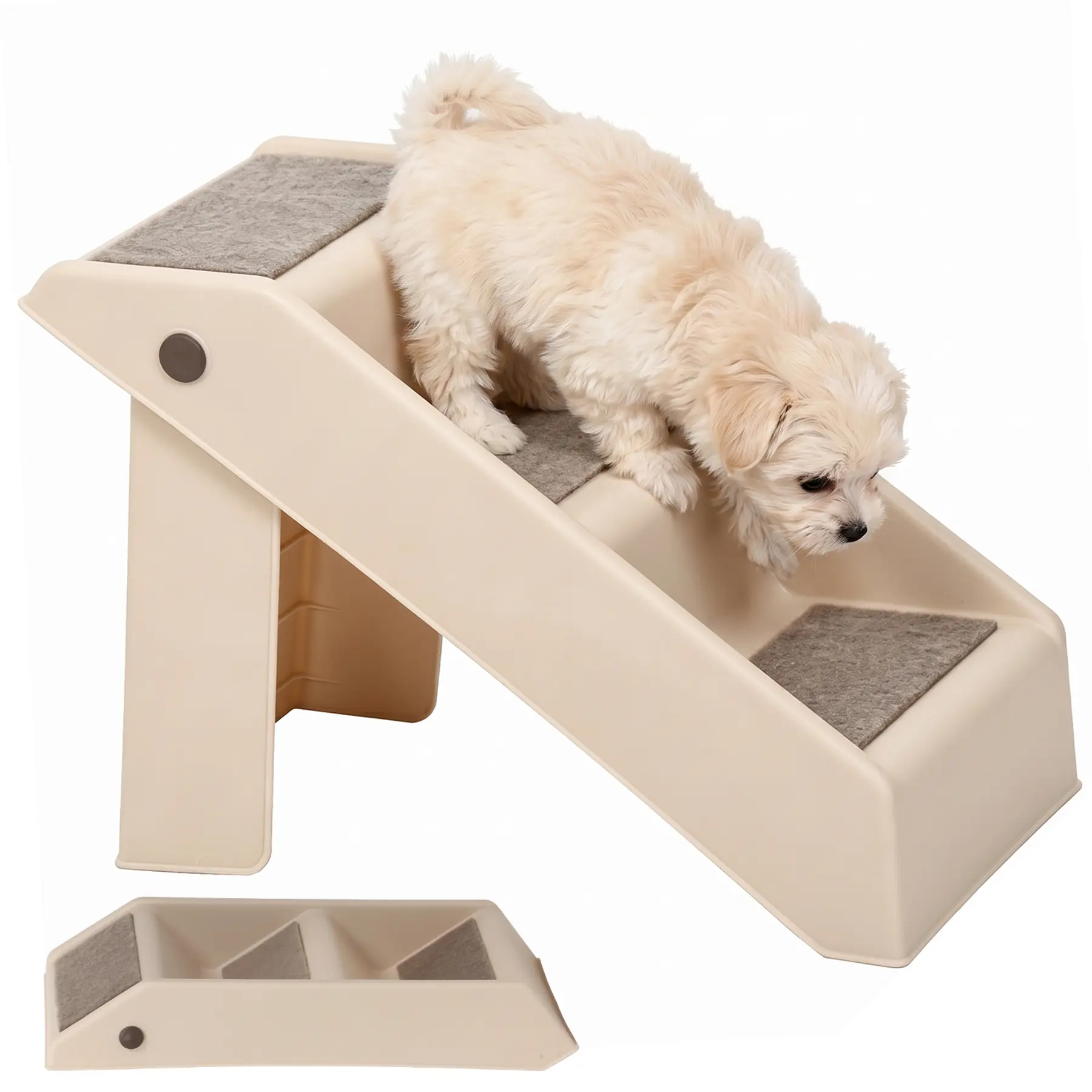3/ 4-Step Foldable Plastic Pet Stairs for Small Dogs & Puppies - 660 lbs Weight Capacity, Non-Slip Paw Pads, Easy-Climb Steps, Built-In Side Rails, Included Pad for Safe High Bed Ascent