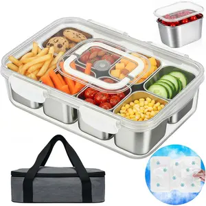 Snackle Box Container with Ice Pack Stainless Steel,Portable Snack Boxes with Lid and Insulated Bag,8 Compartment Snackle Storage Divided Serving Tray Beach Road Trip Picnic for Fruit Charcuterie
