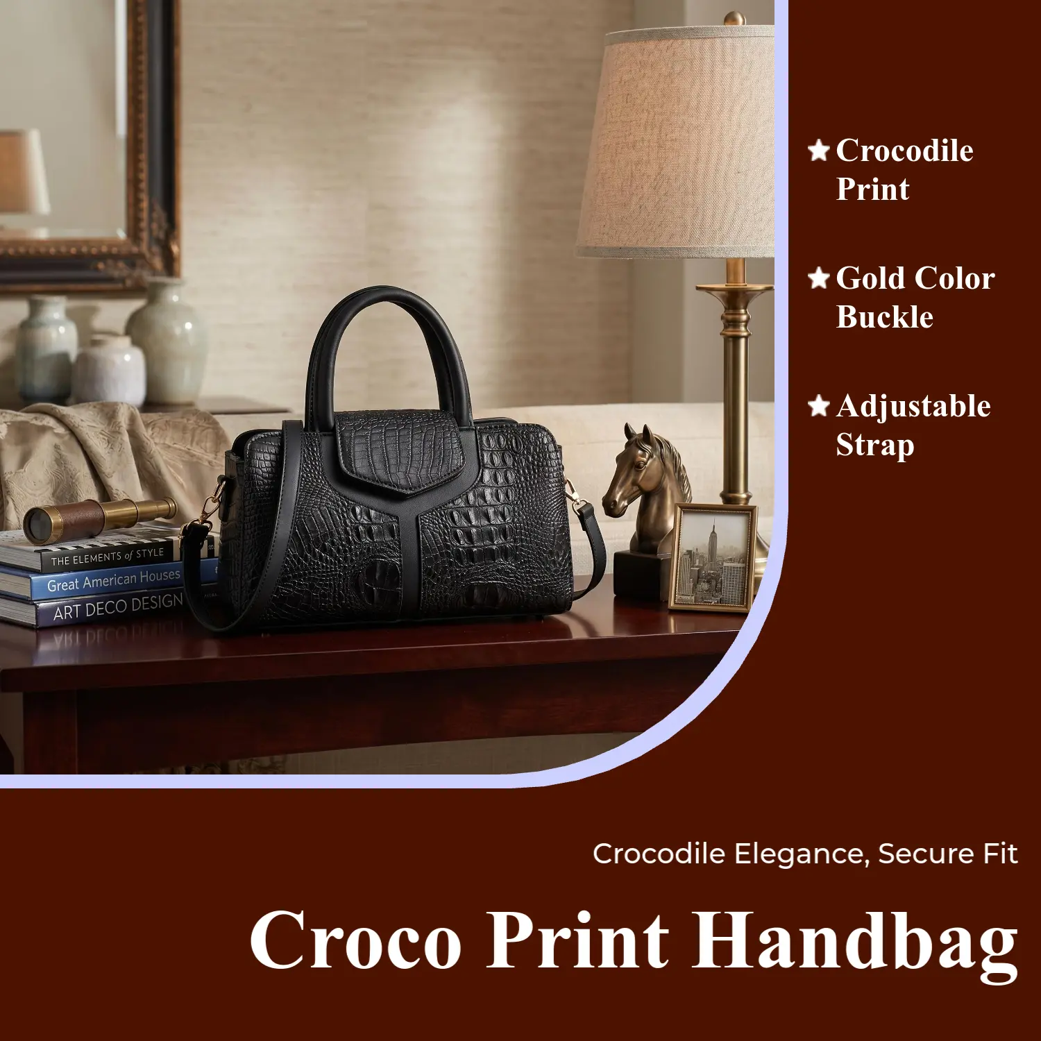Chic crocodile-embossed handbag for women — fashionable with a top handle, durable and versatile for office, work, and everyday use — comfortable grip, secure pockets — available in khaki, coffee, black.