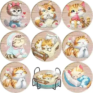8-piece/set diamond painting coaster set with animal cat pattern coasters (with stand) - DIY diamond art craft kit for home decoration, suitable for beginners, diamond kit craft supplies, artificial diamond art craft supplies, gift, Diamond Painting Kits