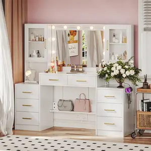 58.3” Vanity Desk with Mirror and Replaceable Lights & Charging Station, Bedroom Dressing Table Large Vanity Set with 8 Drawers 2 Cabinets, Makeup Vanity Without StoolGift