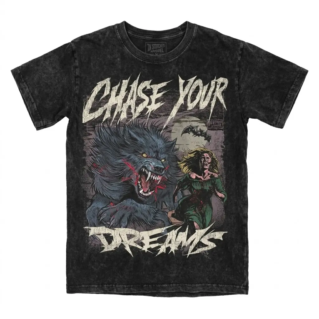 Chase Your Dreams Comfort Colors Werewolf Unisex T-shirt Gothic Alternative Fashion Fit GraphicVintage Washed "Chase Your Dreams" Werewolf Horror Graphic T-Shirt, Retro 90s Metalcore Oversized Streetwear Tee, Gothic Edgy Casual Top