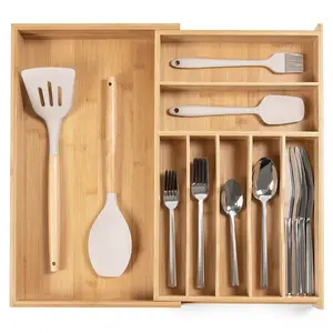 Premium Silverware, Flatware and Utensil Organizer for Kitchen Drawers, Food-Safe Contract Grade, Expandable from 10.5 to 19 In, Natural Bamboo